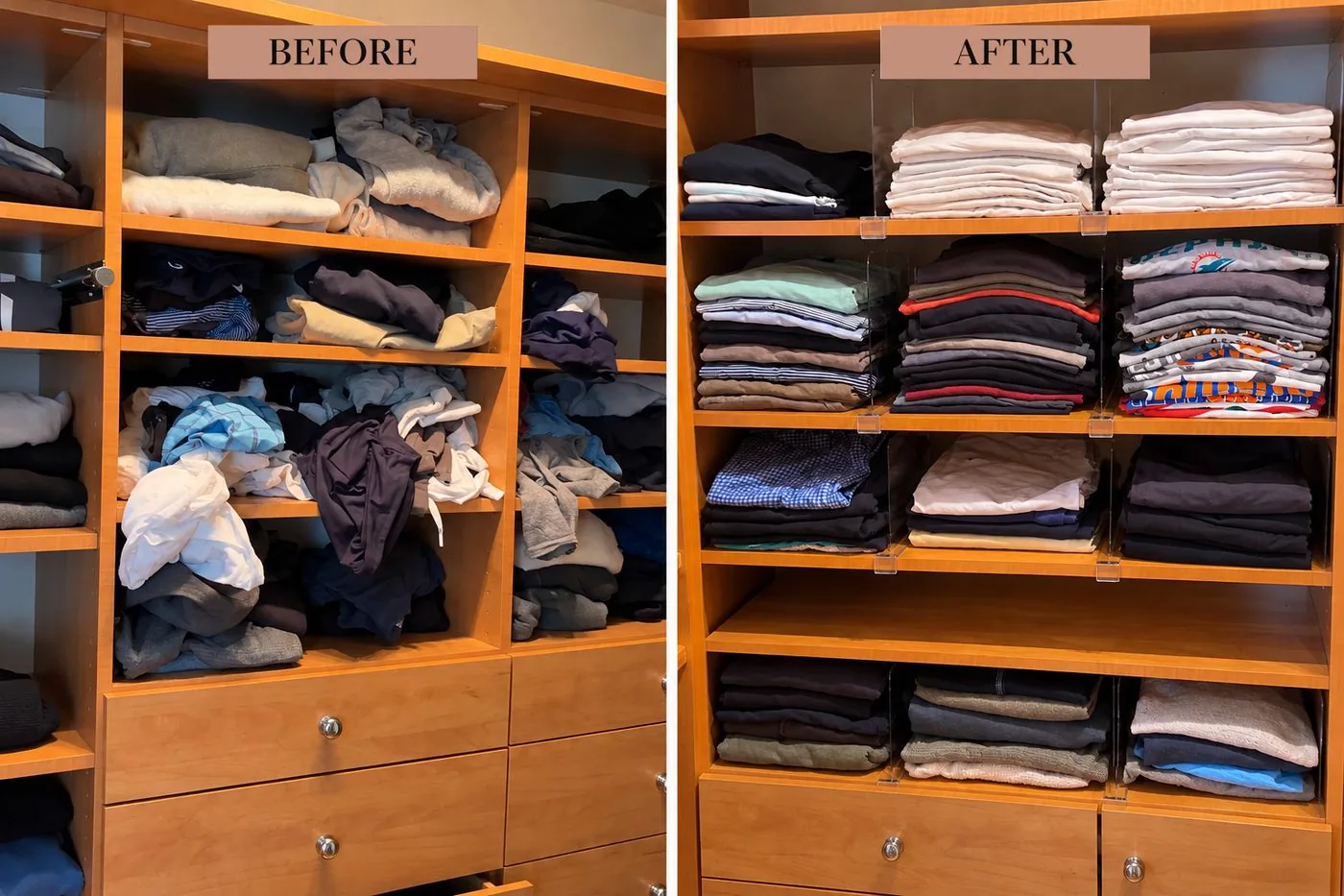 Closet shelves before and after organizing: sweaters and tees folded and sorted by color