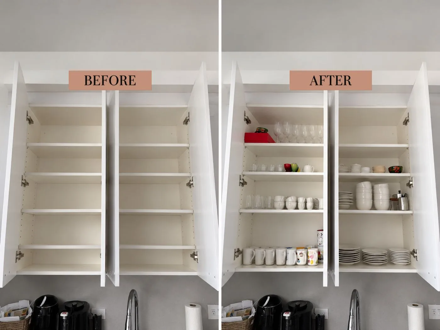 Kitchen cabinets before and after unpacking and setting up dishes and glasses