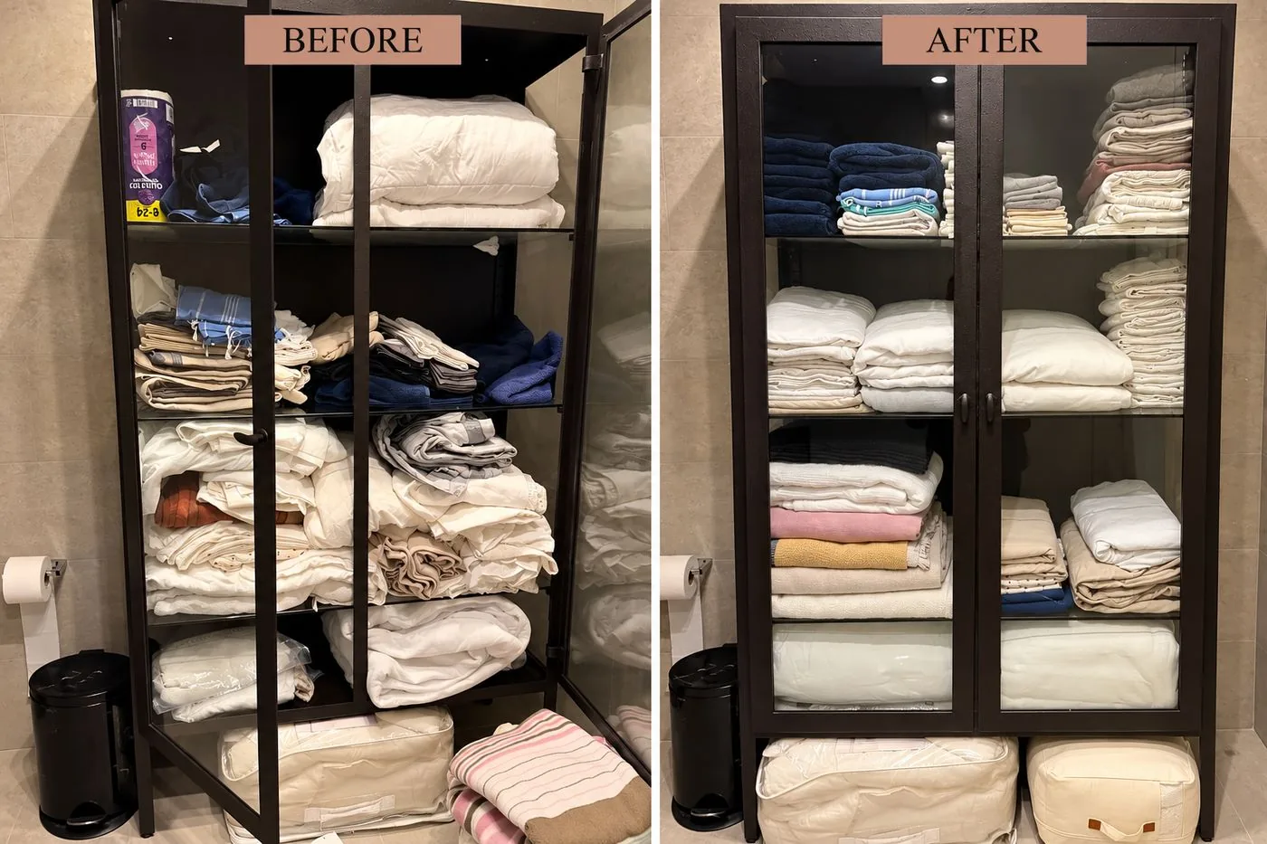 Linen cabinet before and after organizing, bedding and towels neatly stacked