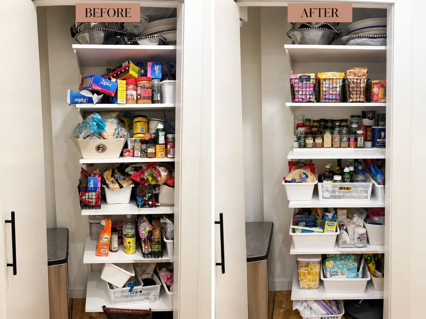 Pantry before and after organizing with baskets and labeled bins