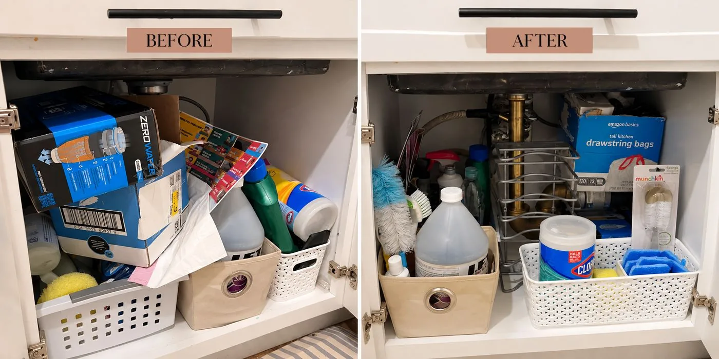 Under-sink cabinet before and after organizing with bins