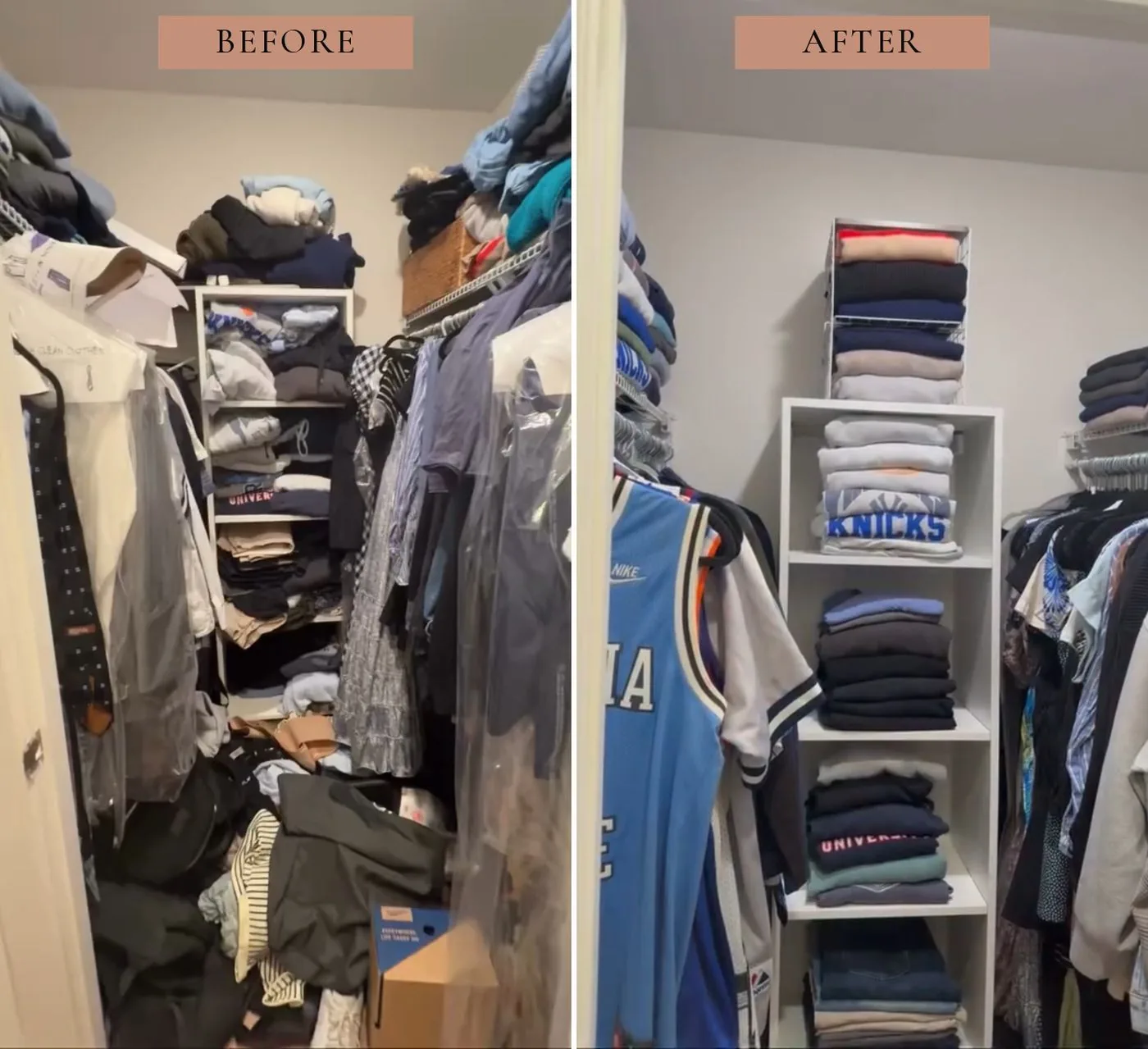 Walk-in closet corner before and after organizing with shelving and folded stacks
