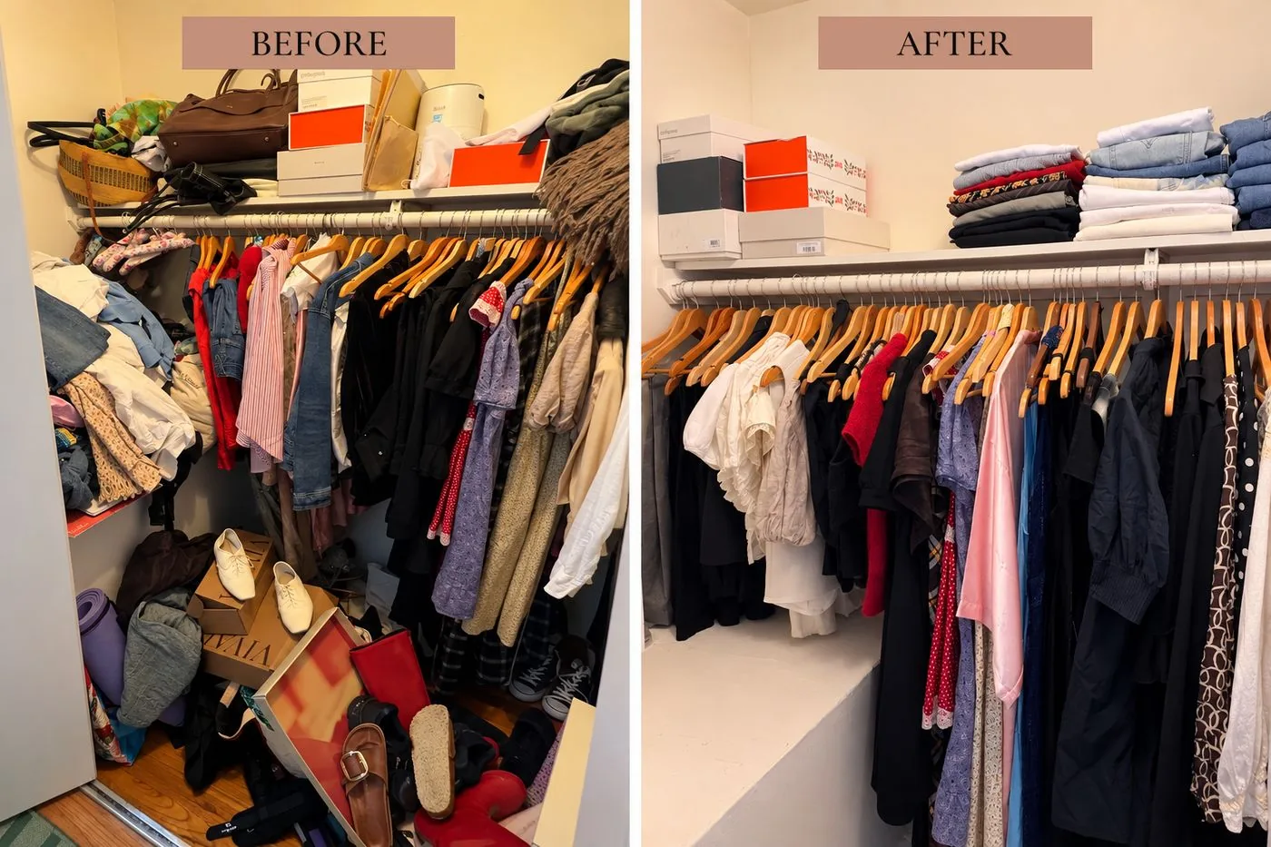 Walk-in closet before and after organizing, hanging clothes and shoes sorted